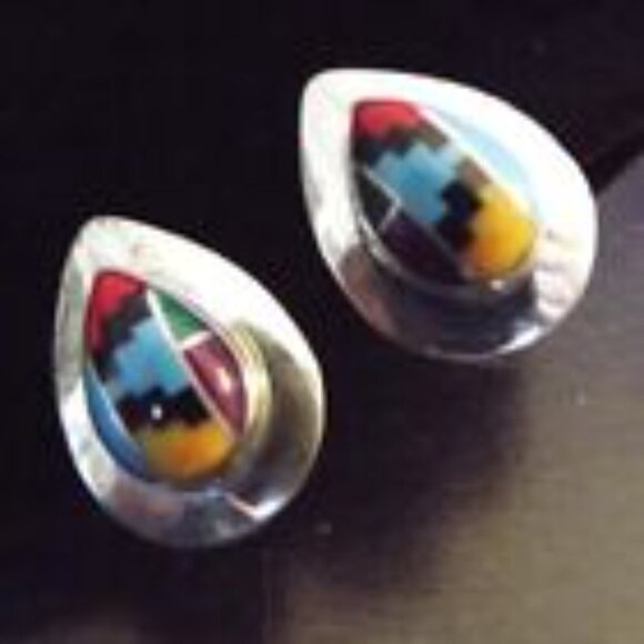 ZUNI NATIVE AMERICAN COLORFUL STONE INLAY STERLING TEARDROPS CLIP EARRINGS 67 - Picture 2 of 4